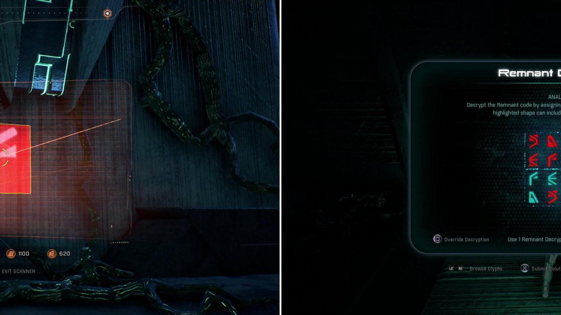 In an optional area you’ll find some glyphs you can scan (left) which will help you solve a Remnant puzzle (right) and open a lucrative container.