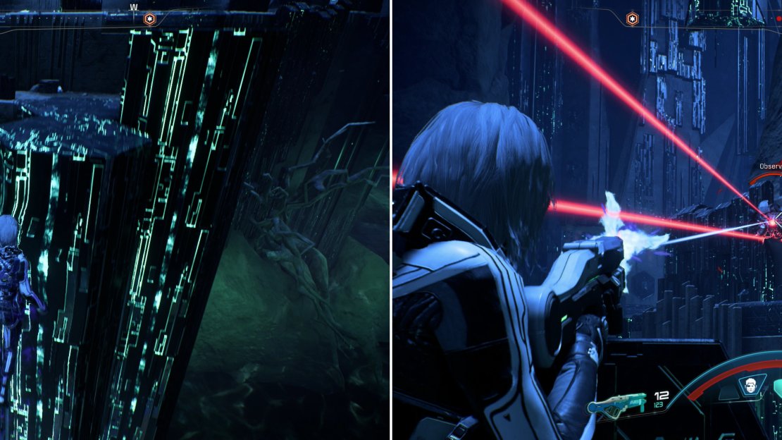 In the massive open chamber beyond the second gravity well, much of your activity will boil down to leaping across platforms (left) summoned by Remnant Consoles and fending off Remnant defenses (right).