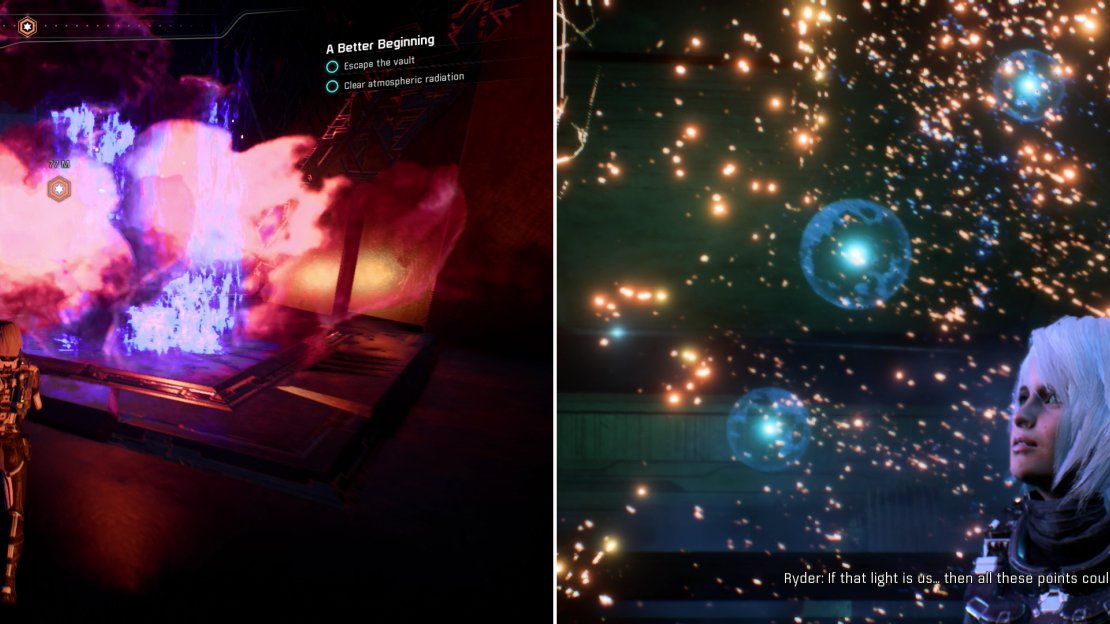 Flee the purification cloud while dodging other environmental hazards (left), after which you’ll discover that there’s plenty of work for a Pathfinder in the Heleus cluster (right).
