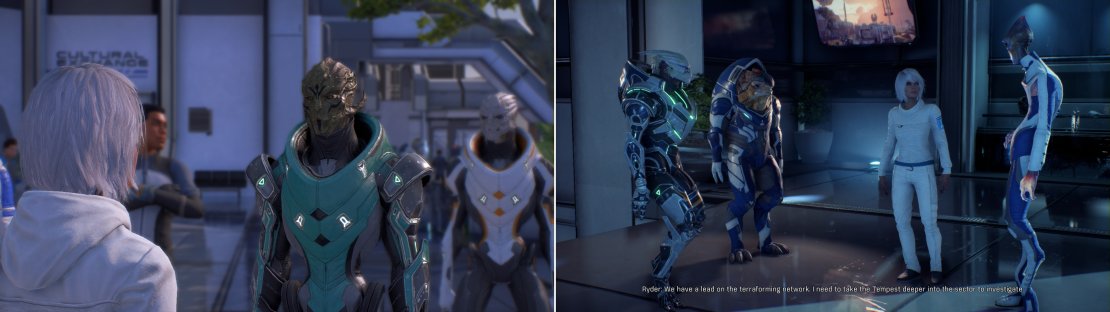 You&rsquo;ll be warmly welcomed by eager colonists back on the Nexus (left). Be sure to meet with the Nexus leaders and tell them about what you found on Eos (right).