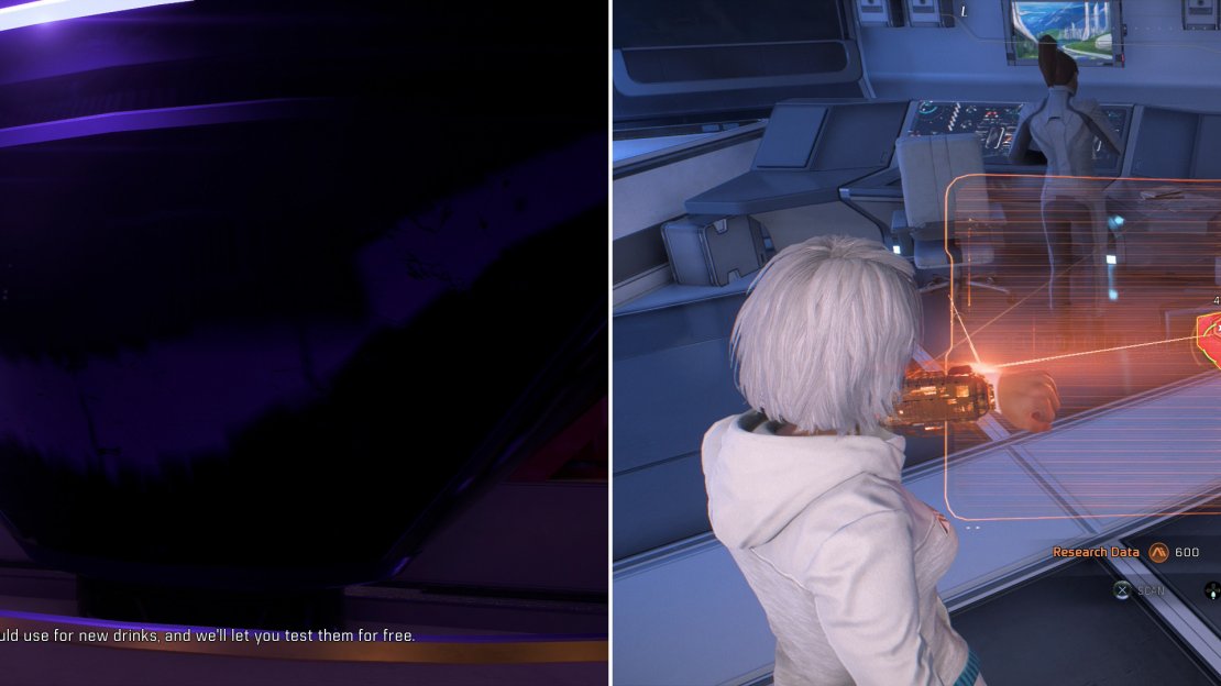 Talk to the Bartender in the Vortex to start the quest “Task: Better Crafting” (left), then find the ingredients she’s looking for in the Hyperion (right).