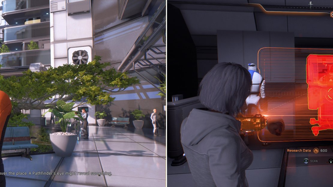 Shapiro is having a bit of a electrical problem, which he’ll ultimately draw the Pathfinder into (left). Scan malfunctioning equipment to learn about the cause of the malfunctions (right).