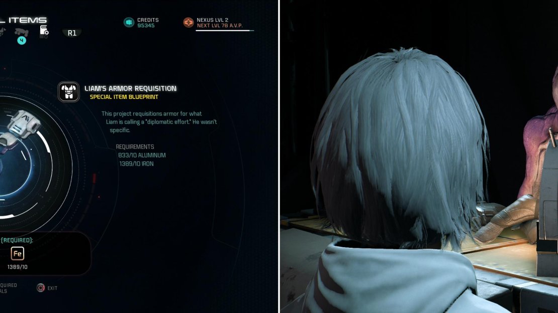 Craft Liam’s Armor Requisition (left) after which Jaal and Liam can be found… bonding… in the Storage room (right).