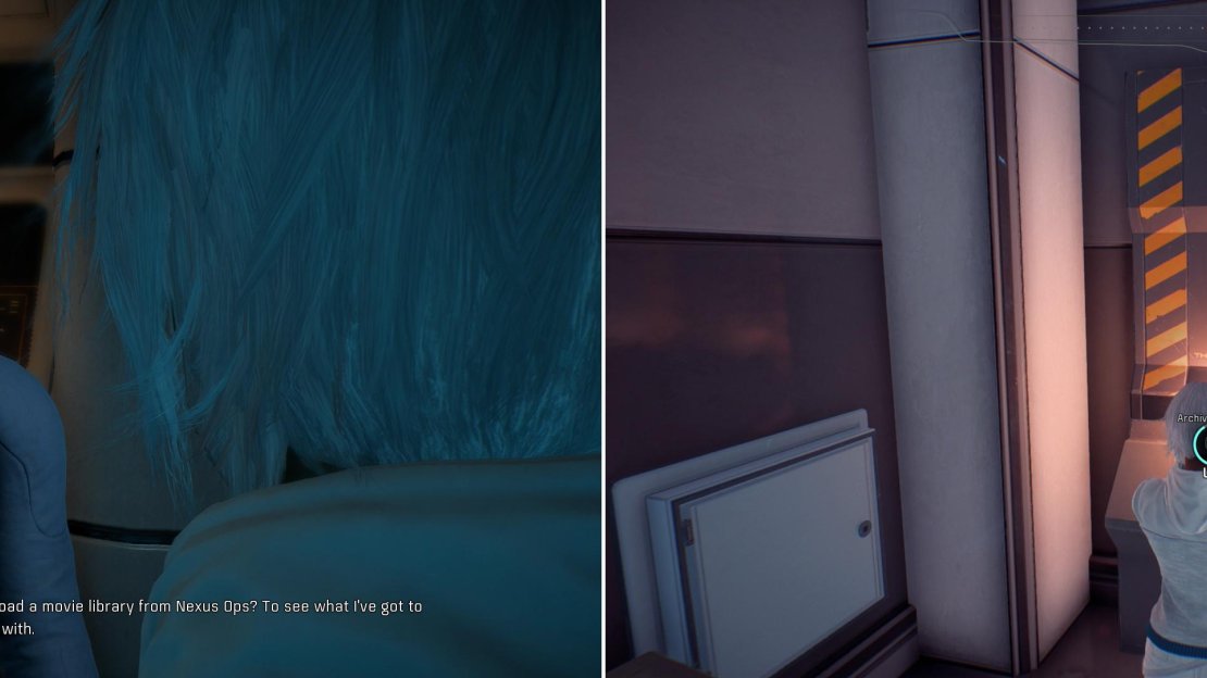 Liam will make a rather trivial request of you on the Tempest, starting the multi-stage quest “Movie Night” (left). To appease him, head to the Operations level of the Nexus and grab the media off the Archive System (right).