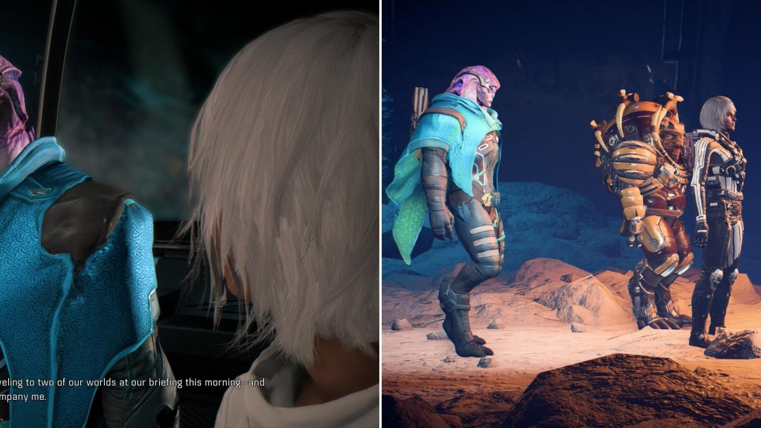 On the Tempest immediately after Aya, Jaal gave you a choice of two ways to earn Evfra’s trust (left). The task on Voeld is more complicated and lucrative, so opt to head there and talk to the resistance lader (right).