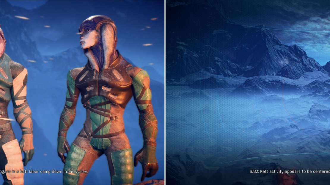 Talk to some scouts to learn about an issue the Angara need help with (left) then hop in the Nomad, whereupon SAM will brief you on Voeld (right).