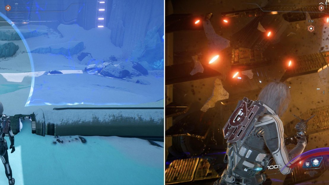 With the mighty power of SAM, you’ll be able to bypass the barrier around the Kett facility (left). Smash some vents to complete your infiltration (right).