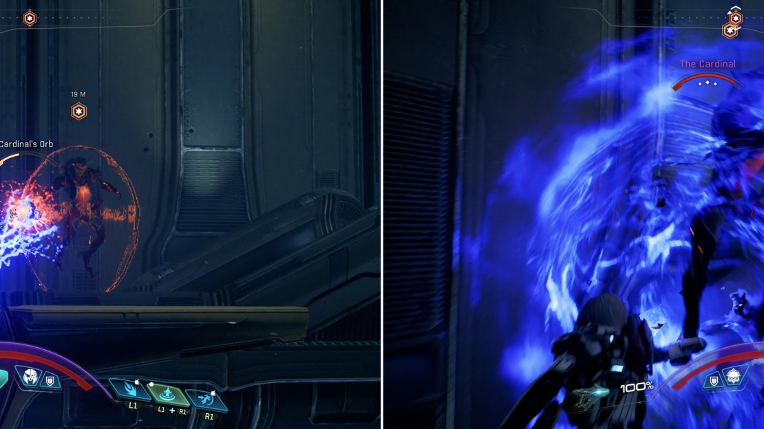 Attack the Cardinal’s Orb (left) from a distance to bring down her barrier, then close in and deal as much damage as you can while she’s vulnerable (right).