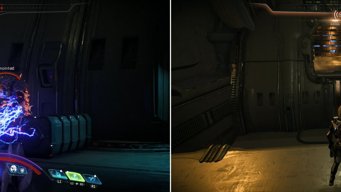 After spying on the Cardinal, kill some Kett in a corridor (left) then spot an elevated vent which will take you deeper into the complex (right).