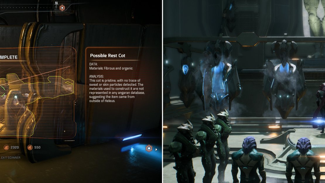 Keep your scanner handy throughout the Kett base, as there’s much to learn about these aggressive aliens, and many Research Data points to earn (left). Witness an odd interaction between what appears to be a Kett religious figure and some captive Angara (right), which foreshadows revelations to come.