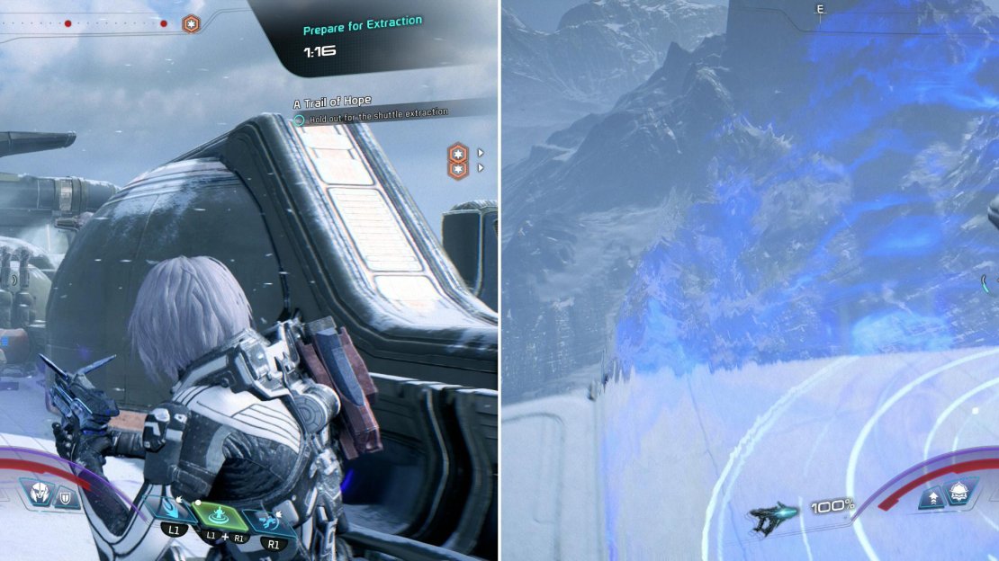 You’ll have to endure waves of Kett attacks while waiting for your shuttle, something Fiends (left) will make considerably more difficult. Once the timer runs out, you need only touch down on the indicated area to escape (right).