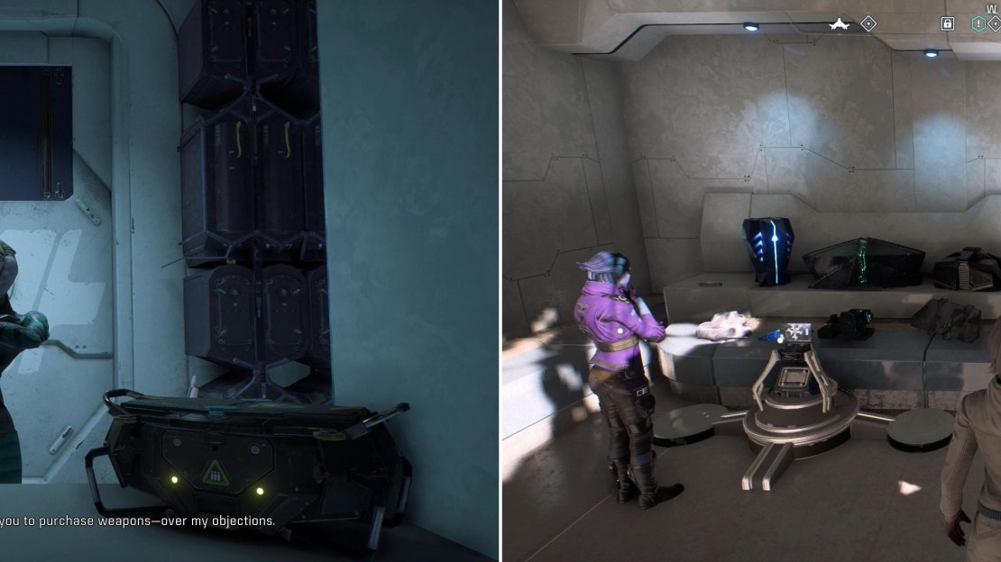 Quartermaster Istaal will reluctantly do business with you (left). Learn a bit about the Angarans by visiting the Repository of History (right).
