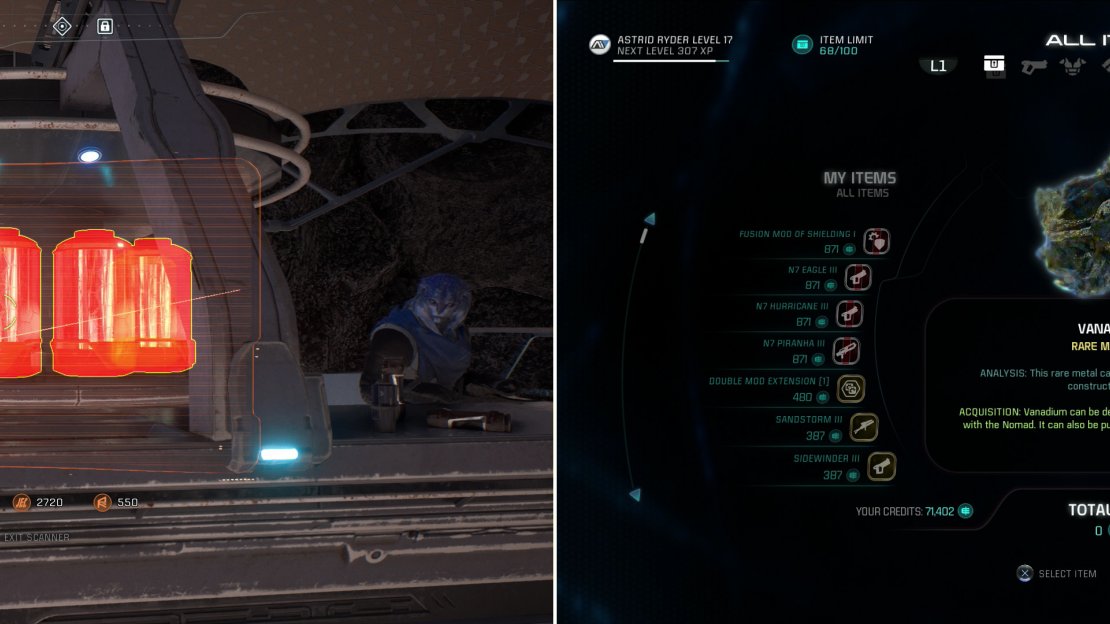 Scan some Nutrient Paste Vats to gain some Research Data (left) and consider doing some shopping (right), as rare minerals can be found on Aya.
