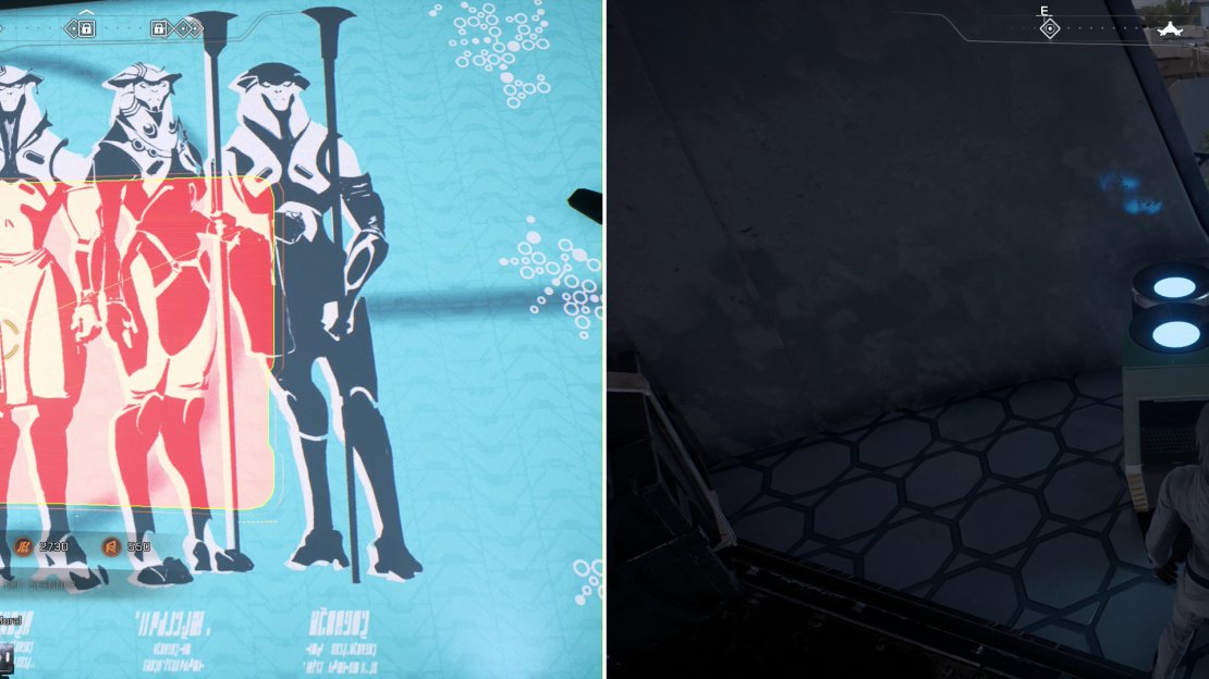Scan a mural in the Memorial Gardens (left) then pick up an Angaran Shuttle Model in the nearby building (right).