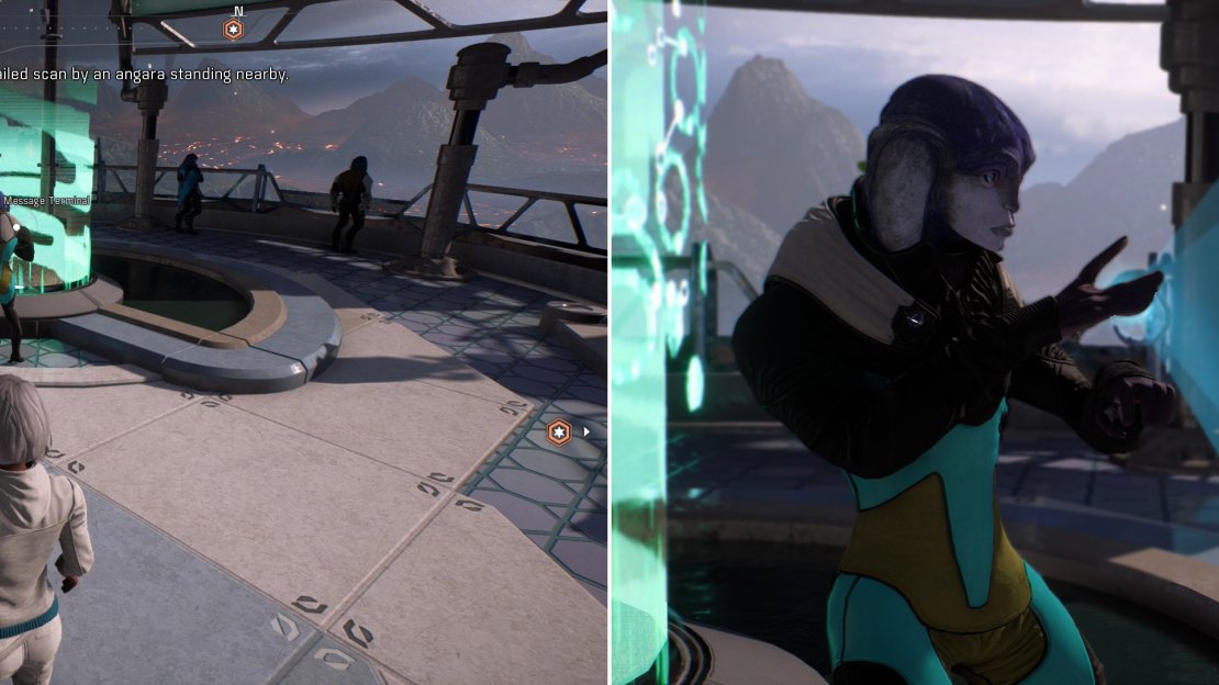 As you pass through Aya, you’ll be warned of a voyeuristic scan by SAM (left). Confront the rude Angara and make an exchange of it, or just formally consent to the scanning (right).