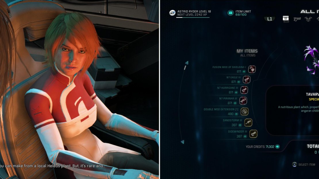 After the Kett facility, talk to Suvi to start the next phase of “Movie Night” (left), which requires you to head to Aya and puchase a Tavarv Plant (right).