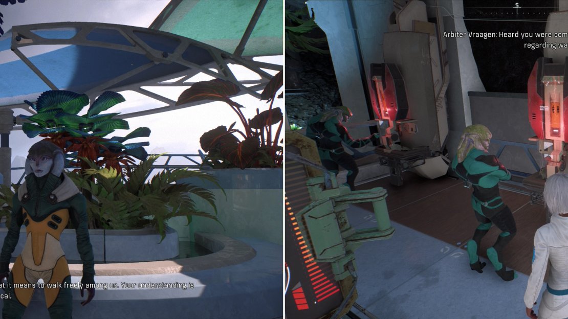Talk to Arbiter Renaav in the Aya Market to start the quest “Task: Laws and Customs” (left) which requires you to speak to Arbiter Ohmdaal and Arbiter Vraagen (right), who will provide the required Datapads.