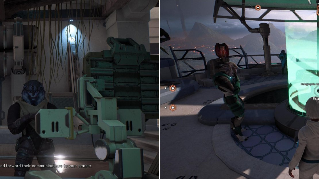 Talk to Enroh Bosaan to pick up the quest “Task: Messages to the Nexus” (left) then scan Holographic Message Terminals throughout Aya (right).