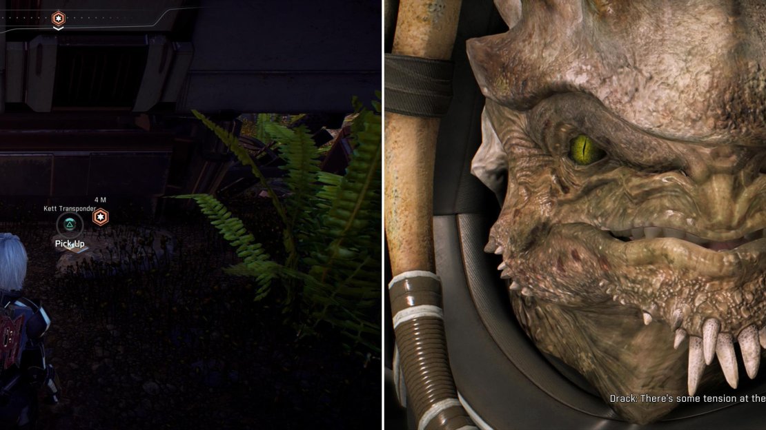 Search under a house to find the Kett Datapad you’re after (left). Back on the Nexus, Drack will bring another issue to your attention (right).