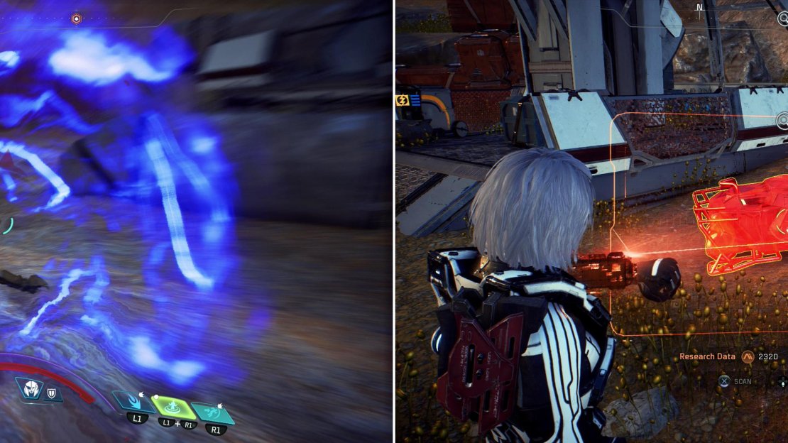On the surface of Kadara you’ll have to evade or exterminate a variety of outlaws (left). Like on Voeld, some of their camps may randomly contain quest-related items (right).
