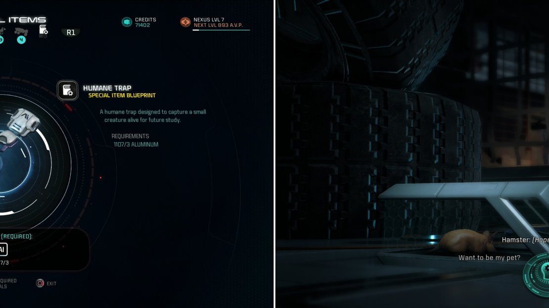 Craft a Humane Trap (left) and when you return to the Nexus later you’ll be informed of your success. Investigate the trap, then decide the rodent’s fate (right)
