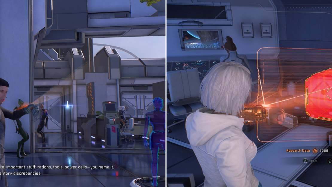Talk to the Dock Manager on the Nexus to learn about some inventory discrepancies (left). Search around the Nexus and scan the stolen goods (right).