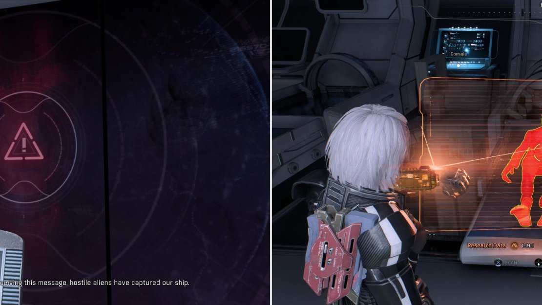 Find a hidden distress message on the Information Wall of the Salarian Ark (left) then scan some corpses to discover some discrepancies (right).
