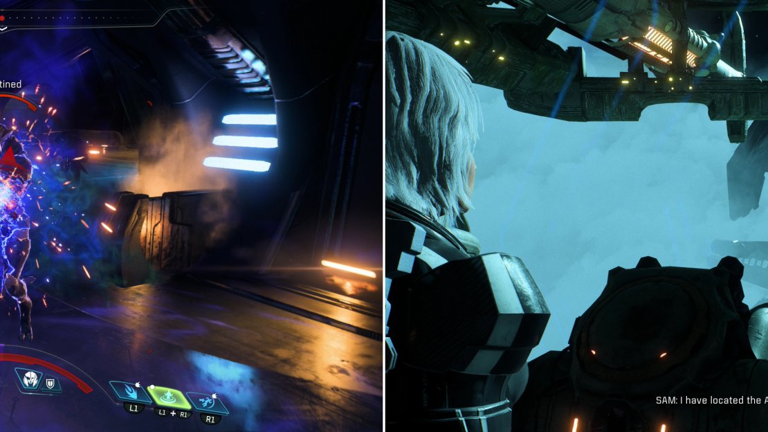 Fight the Kett that greet you when you enter the Kett ship (left) then access a terminal to learn the location of the Archon’s chamber (right).