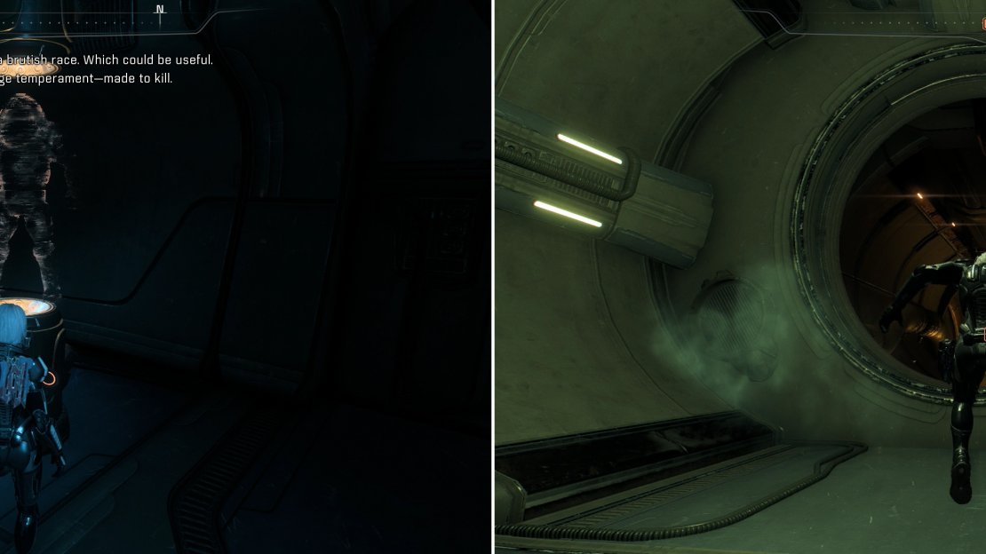 Examine some displays to witness indisputable evidence of the Archon’s plans for the Milky Way races (left) then leap into a circular entrace leading to the maintenance tunnels (right).