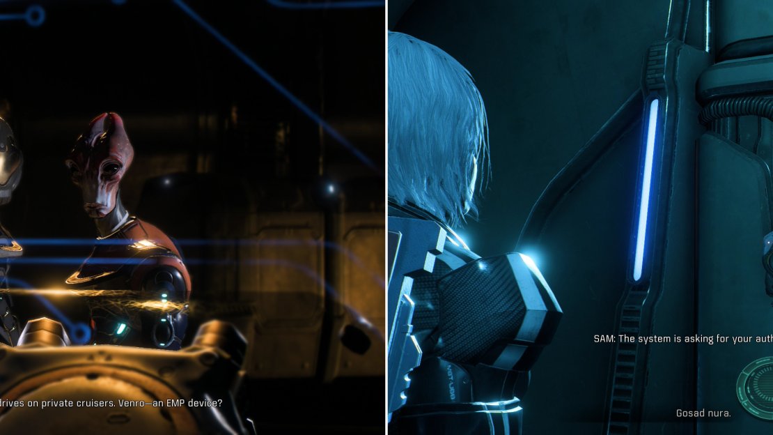 Rendezvous with Pathfinder Raeka, who fortunately has a solution for the Kett’s superior firepower (left). To get deeper into the flagship, you’ll need to use SAM to imitate Kett vocalizations (right).