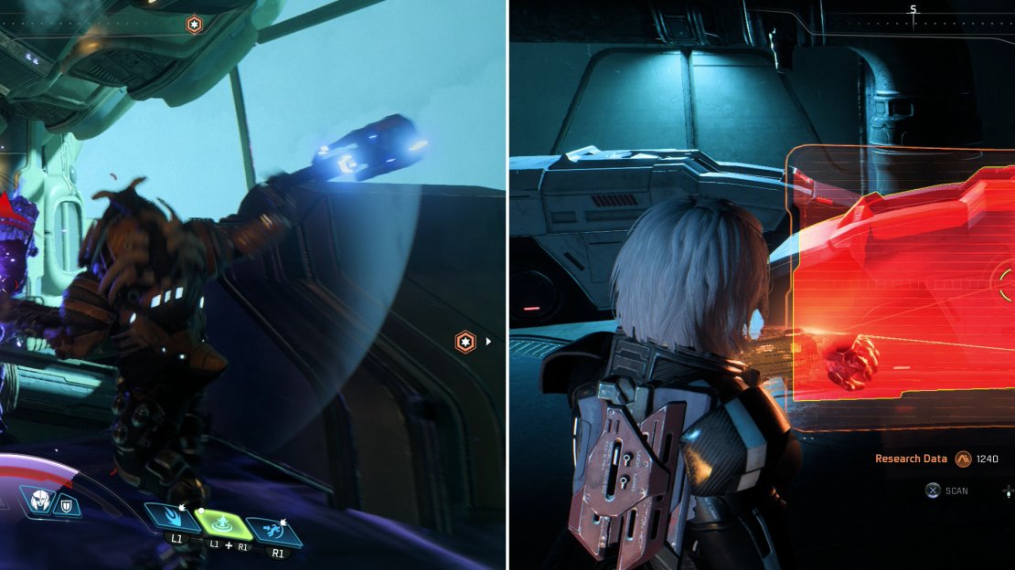 While the Kett in the Hangar are numerous, it’s easy enough to play defensive (left) or avoid them outright. Scan some Initiative Pods (right) only to find that they are devoid of Salarians.