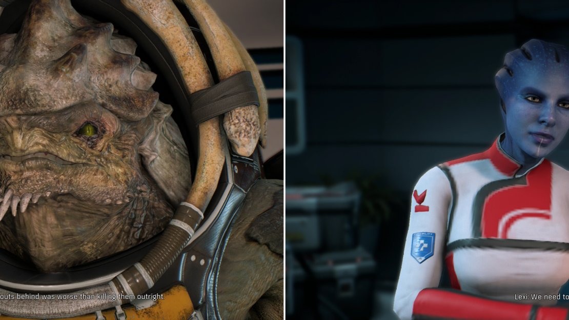Drack’s reception will be either warm or frosty, depending on your choice during the rescue mission (left). Lexi’s concerns about the mission are somewhat more professional (right).
