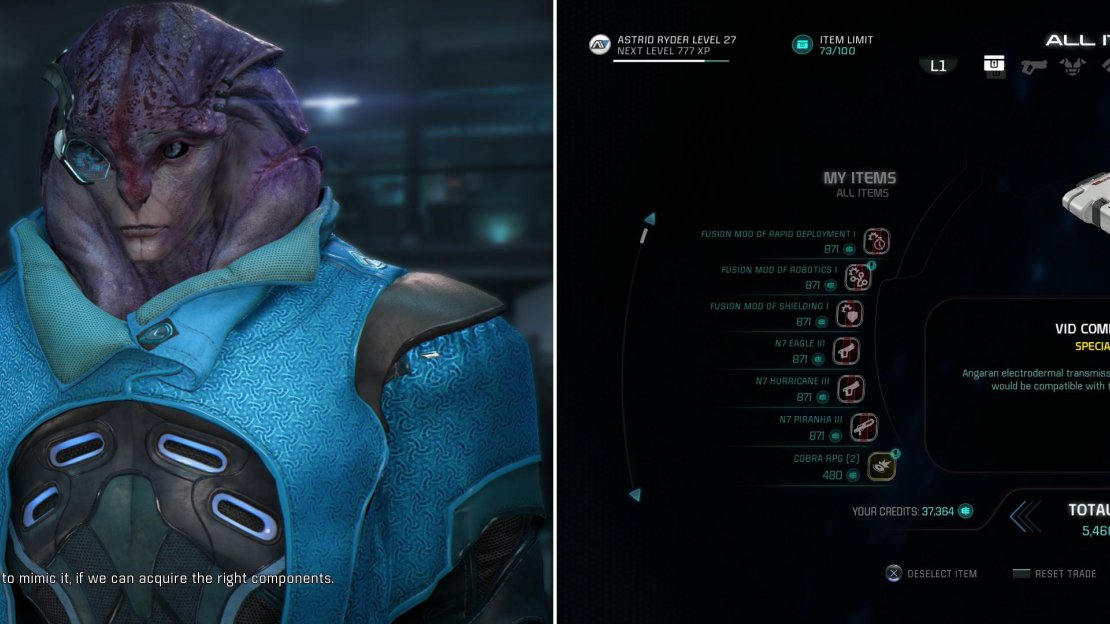 Talk to Jaal on the Tempest to learn that he, too, has a request for the upcoming “Movie Night” (left). Purchase the desired Vid Components from the General Goods Merchant on Aya (right).