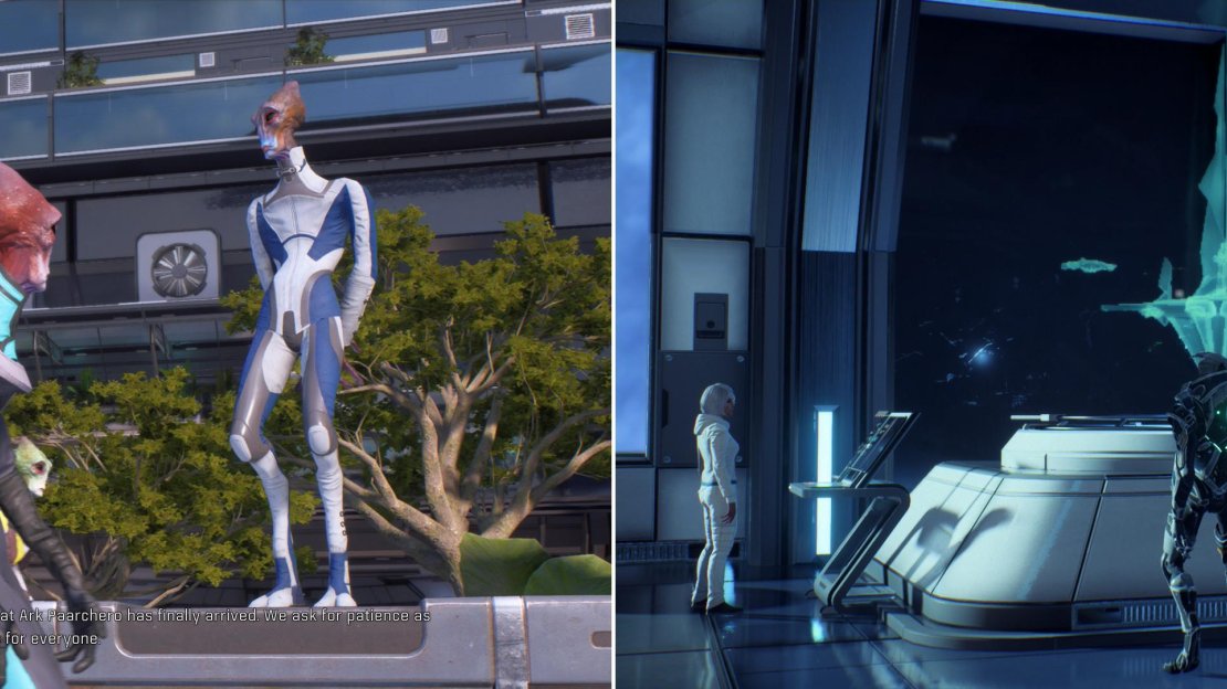 Director Tann is only too happy to welcome his fellow Salarians to the Nexus (left). Present your findings to the leaders of the Initiative, who, for the first time, balk at your plans (right).
