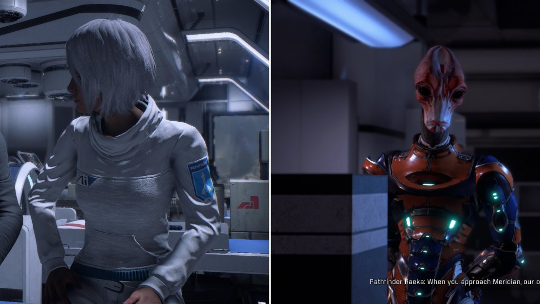 Meet up with your freshly awoken sibling (left) then head to the Tech Lab to discuss the means behind your planned insubordination (right).