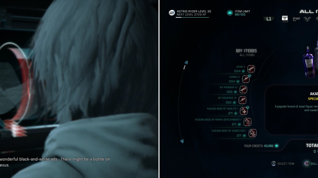 After Khi Tasira, Lexi will attempt to make her own contribution to “Movie Night” (left). Head to the Nexus and buy a bottle of Akantha from the General Merchant (right).