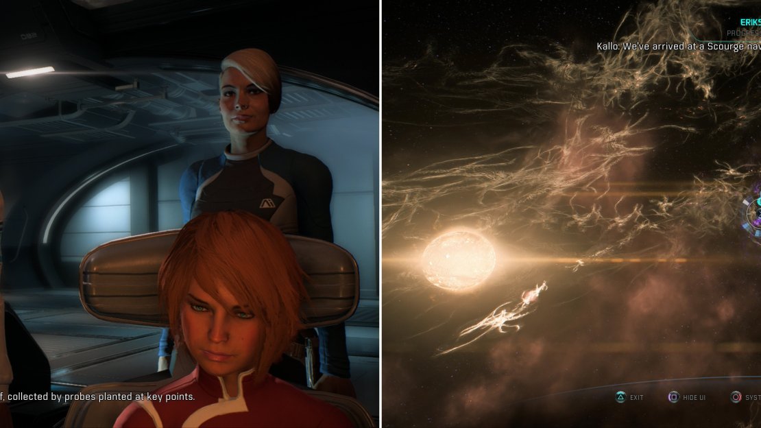 Discuss the next step with part of your crew (left) then set about putting their plan into action - probe the Scourge in three systems (right) to narrow down Meridian’s location.