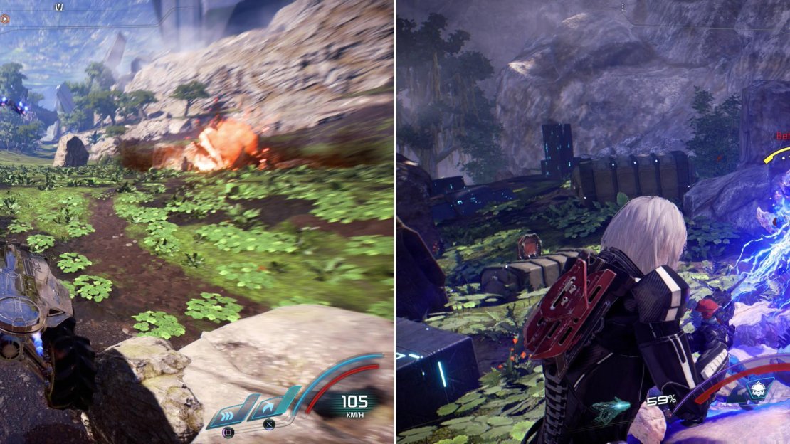 Race across the surface of Meridian on the Nomad (left). When your trusty steed fails you, fight your way through the Kett blocking your way (right).