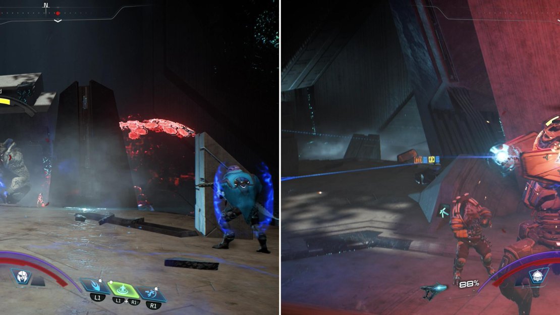 After clearing the lesser Kett out, lure the Fiend away from the Destroyer and to its doom (left). Once isolated, the Destroyer can be relatively easily destroyed (right).