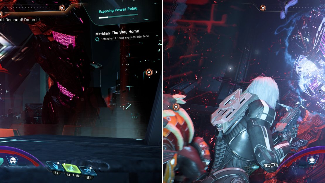 Reach the first Power Relay and fight off the Remnant that attack (left), but be wary of the Archon’s charged laser, as it penetrates cover (right).