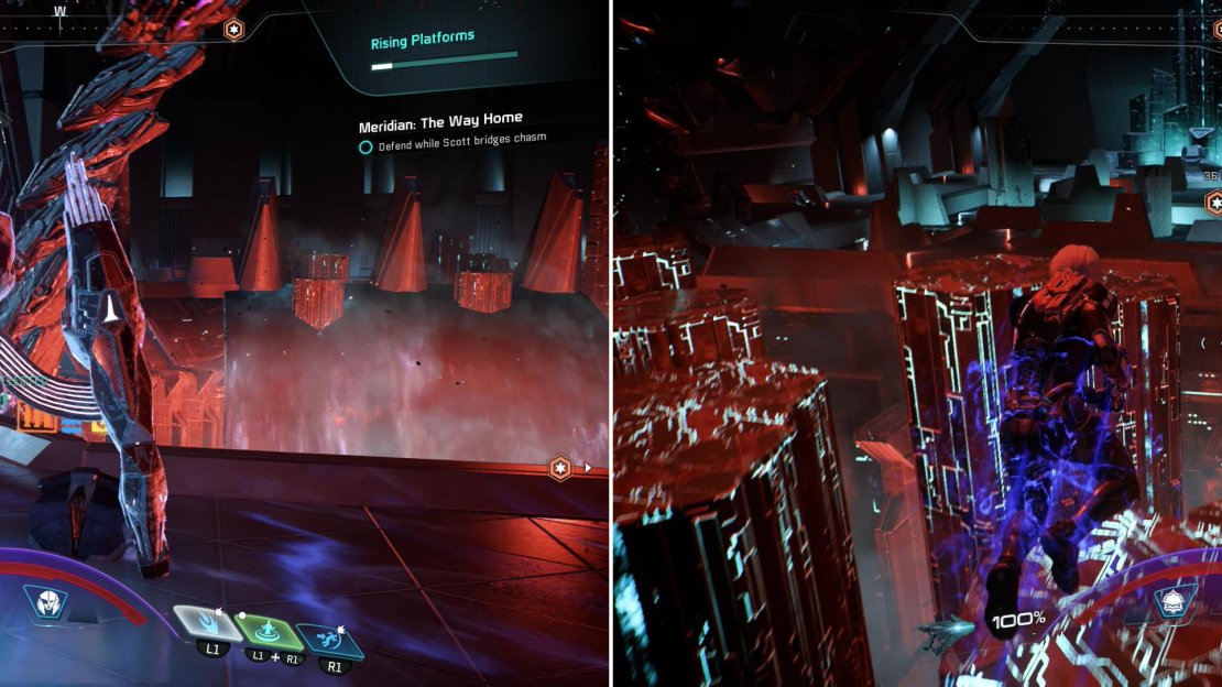 Destroy more Remnant while waiting for some platforms to deplay (left) then use the platforms to reach the next Power Relay (right).