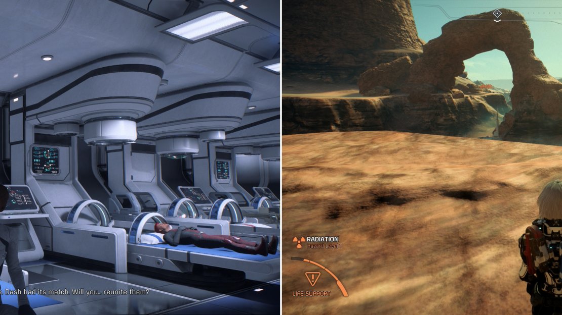 Talk to Nigel McCoy on the Hyperion (left) then fulfill his wishes and reuinite his pendant with his brother’s on a hill overlooking Site 1 (right).