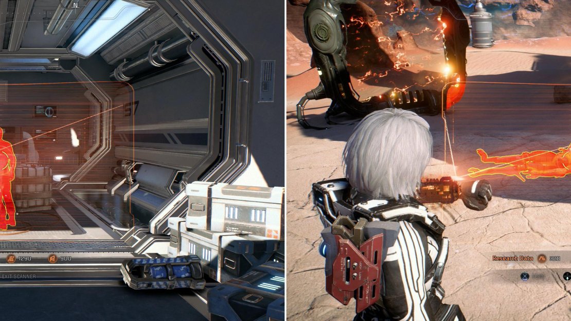 Scan domiciles in Site 2 to reconstruct the colony’s final moments (left). You can also find numerous bodies scattered about for the quest “Task: Naming the Dead” (right).