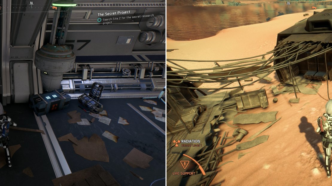 Activate a console to obtain Site 2’s secret project intel (left) then search for the missing components of said project (right).
