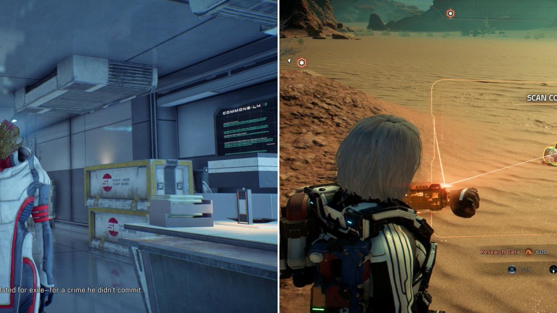 Talk to Mariette on the Nexus to learn that her husband is in dire legal straits (left). Follow up on the information you procured on the Nexus by returning to Eos and scanning murder evidence (right).