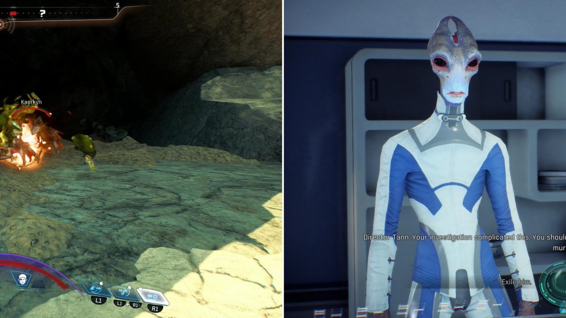 Track the evidence to a cave filled with Kaerkyns (left) where you’ll find some damning evidence. Return to the Nexus and decide how to handle the siutation with Director Tann (right).