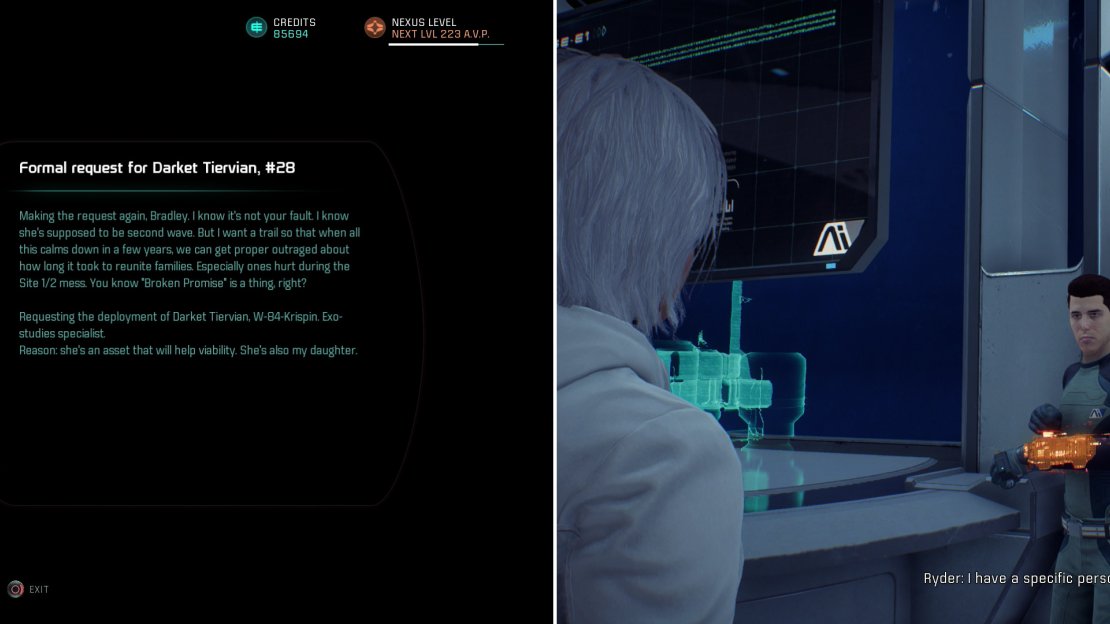 Read a request from a terminal in Prodromos (left) then visit you old pal Vladimir Brecka to get Darket Tiervian out of cryo (right).