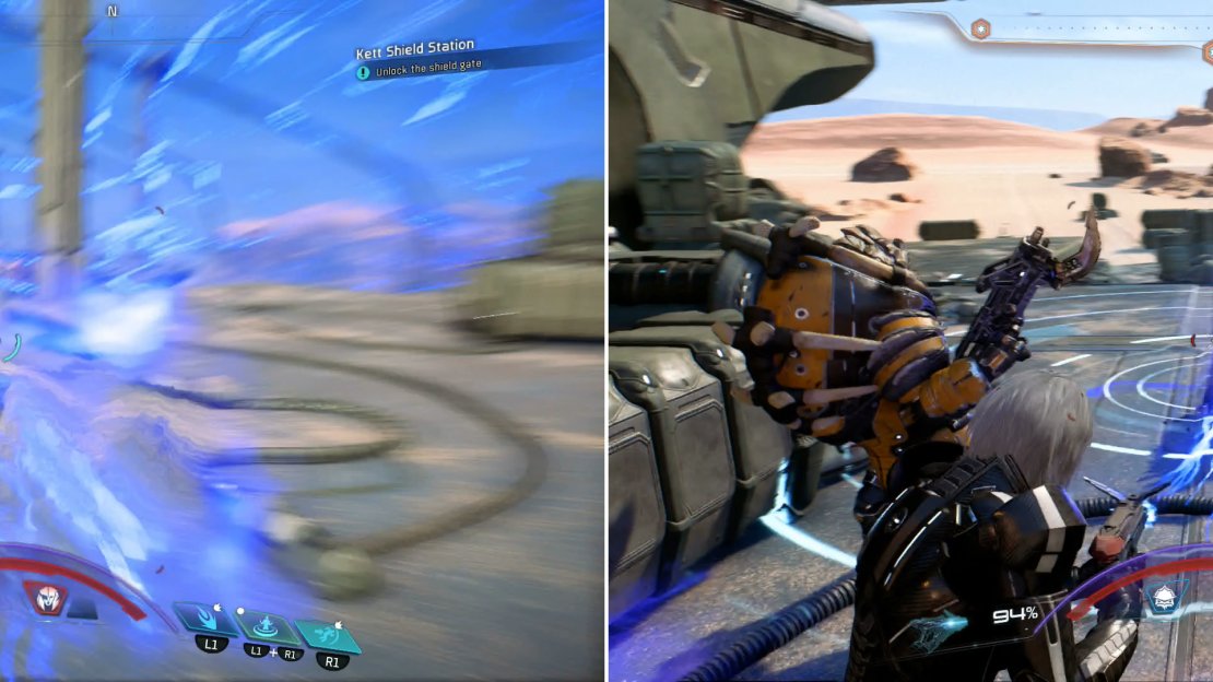 Smash through the Kett at the front of the base (left) then disable the shield and hold your position against multiple Kett reinforcements (right).