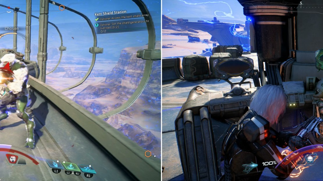 Thwart the Kett that arrive via dropship (left) and sabotage the shield generators (right) to take down the barrier around the base.