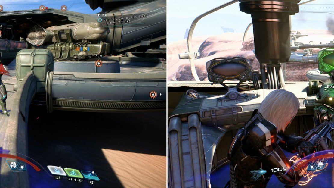 As you proceed deeper into the Kett base, you’ll have to fight through endless waves of Kett (left) to reach and disable three Security Lockdown Terminals (right).